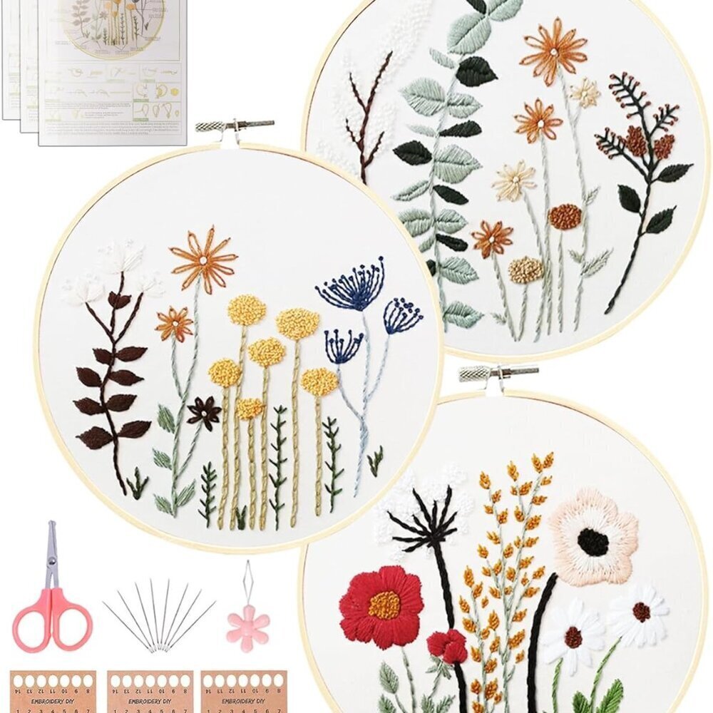 3 Sets Embroidery Kit,Cross Stitch Kits for Beginners,Needlepoint Kits for